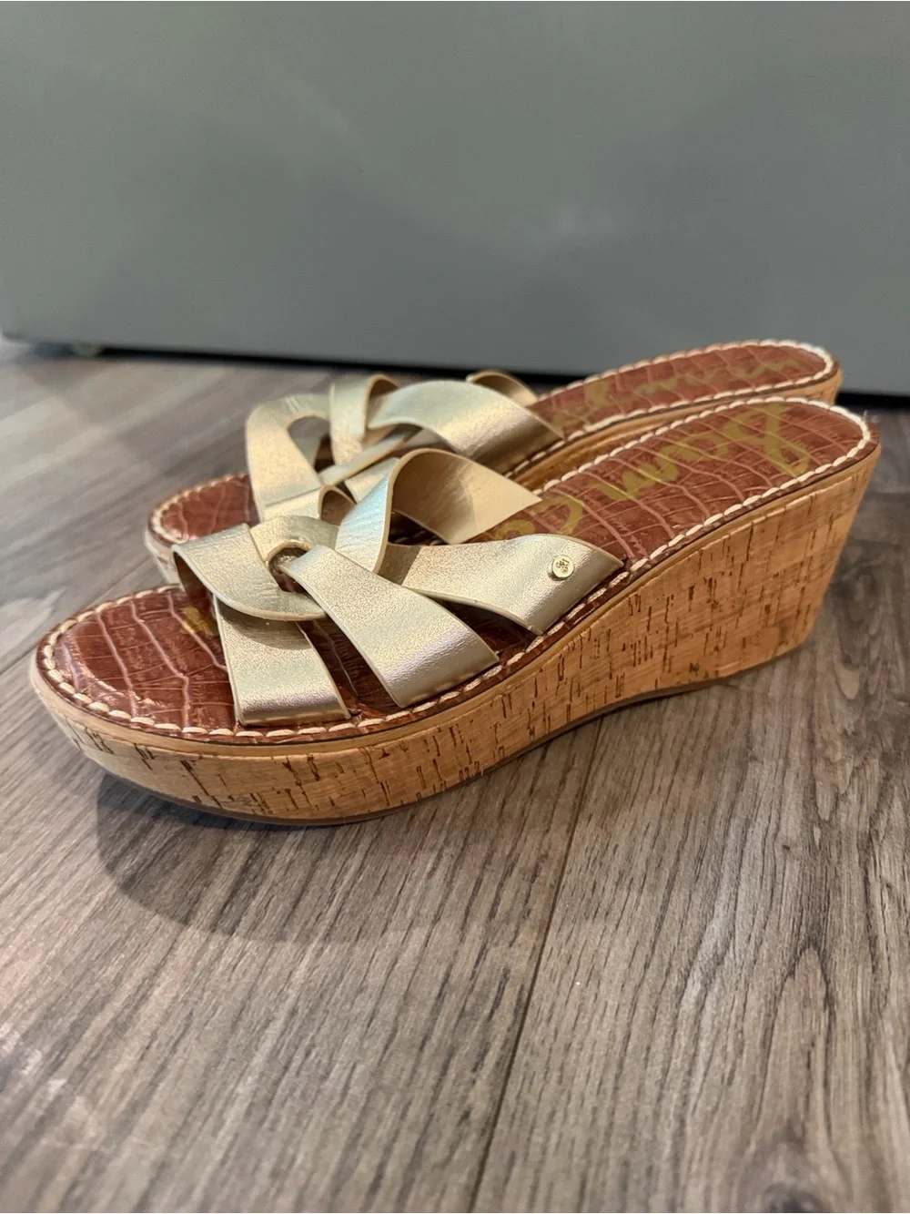 SAM EDELMAN Gold Leather Raynere Cork Platform Slide Sandal Sz 8